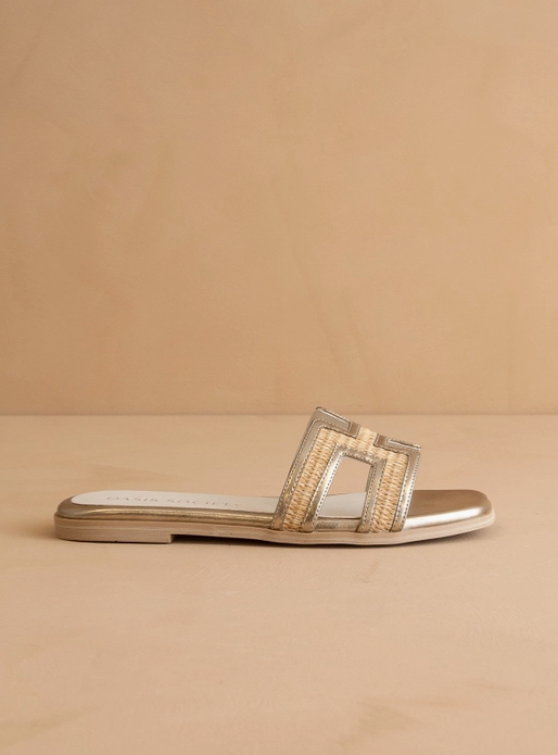 The Ena | Gold H Cutout Raffia Slide