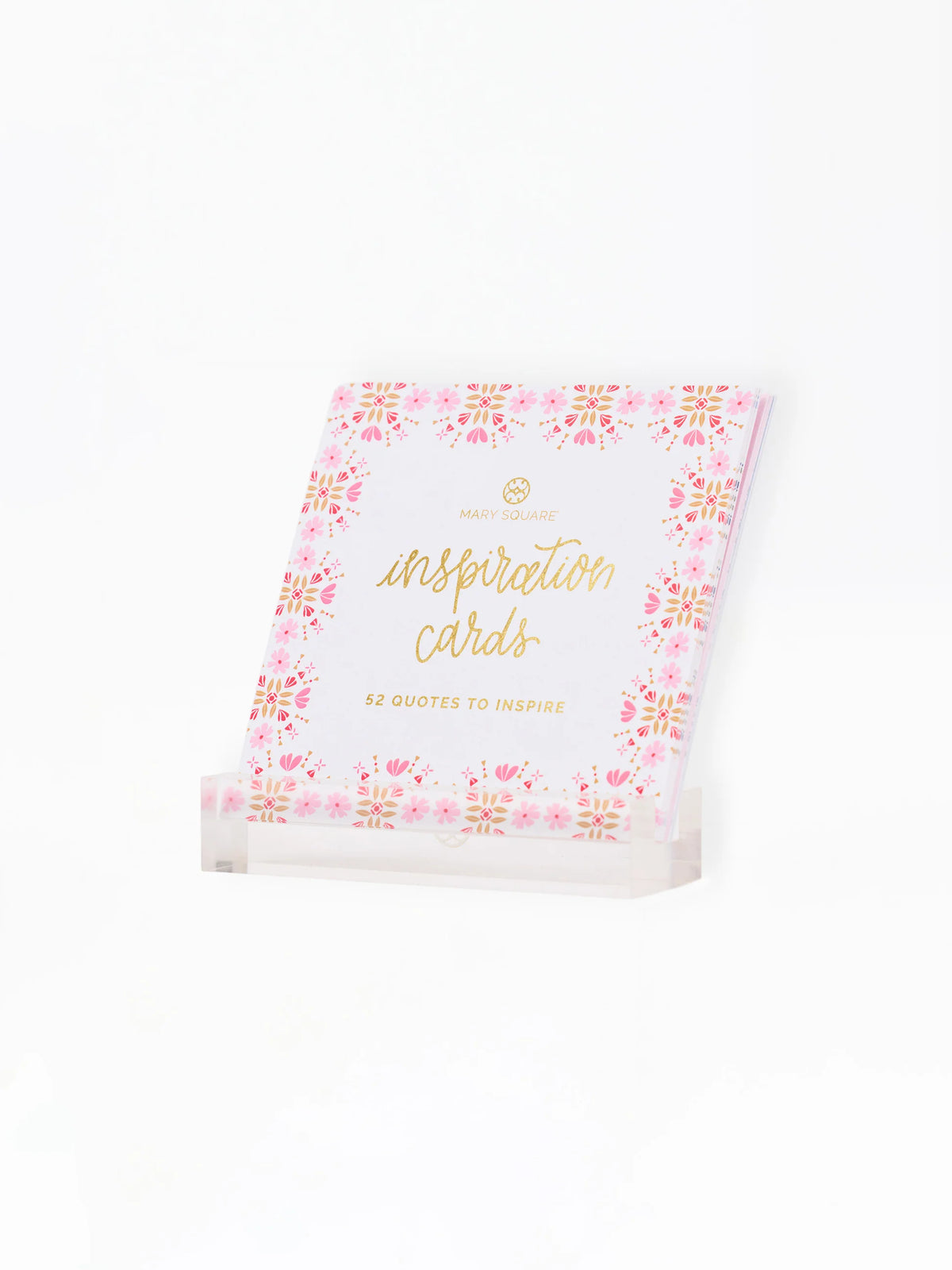 Mary Square white floral Inspiration Cards 52-quote block in clear acrylic stand, angled view