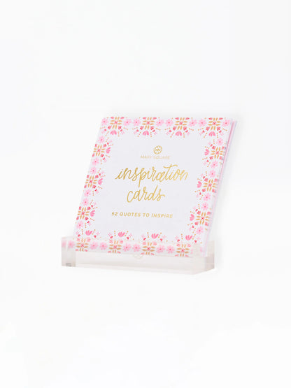 Mary Square white floral Inspiration Cards 52-quote block in clear acrylic stand, angled view