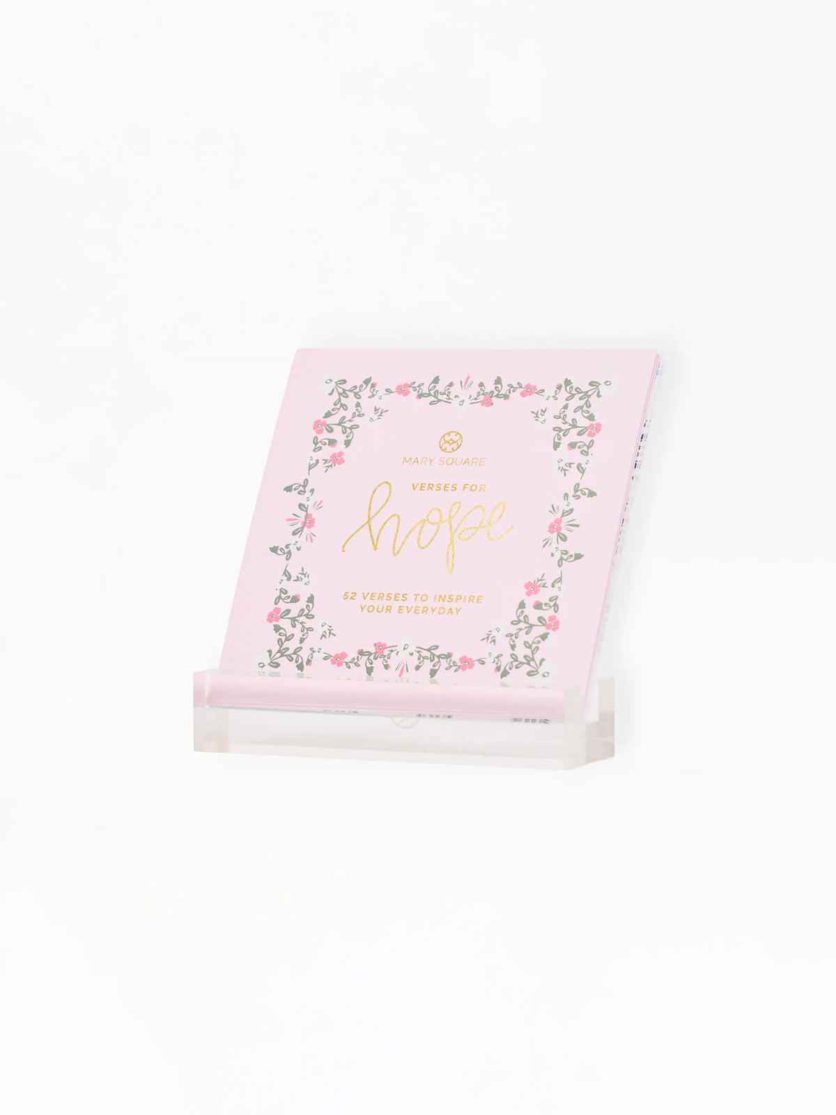 Mary Square pink Verses for Hope 52-card block in clear acrylic display stand, angled view