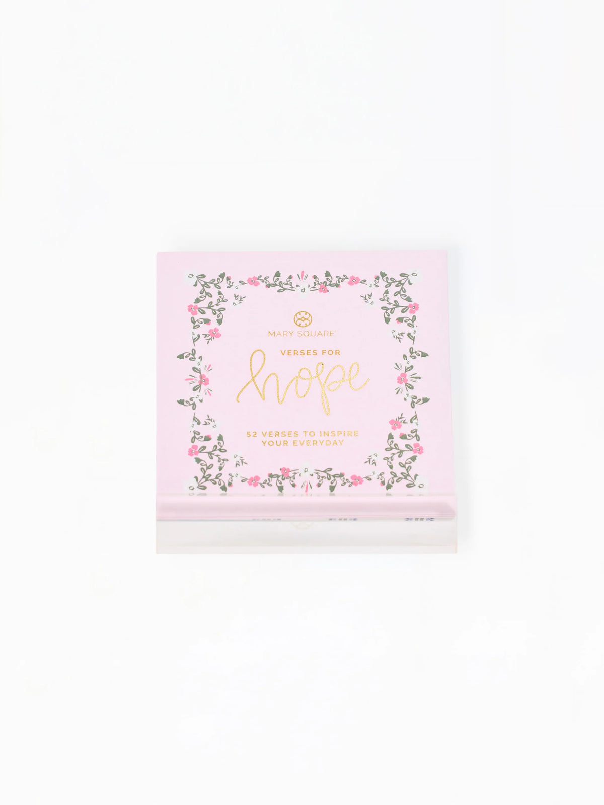 Mary Square pink floral Verses for Hope card block, flat lay overhead view