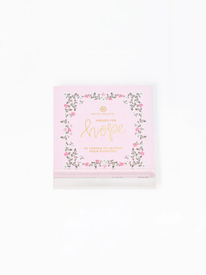 Mary Square pink floral Verses for Hope card block, flat lay overhead view