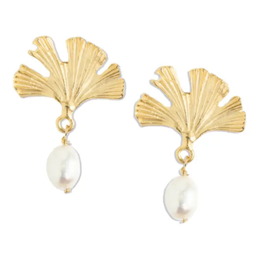 Gold Ginkgo Leaf with Pearl Drop
