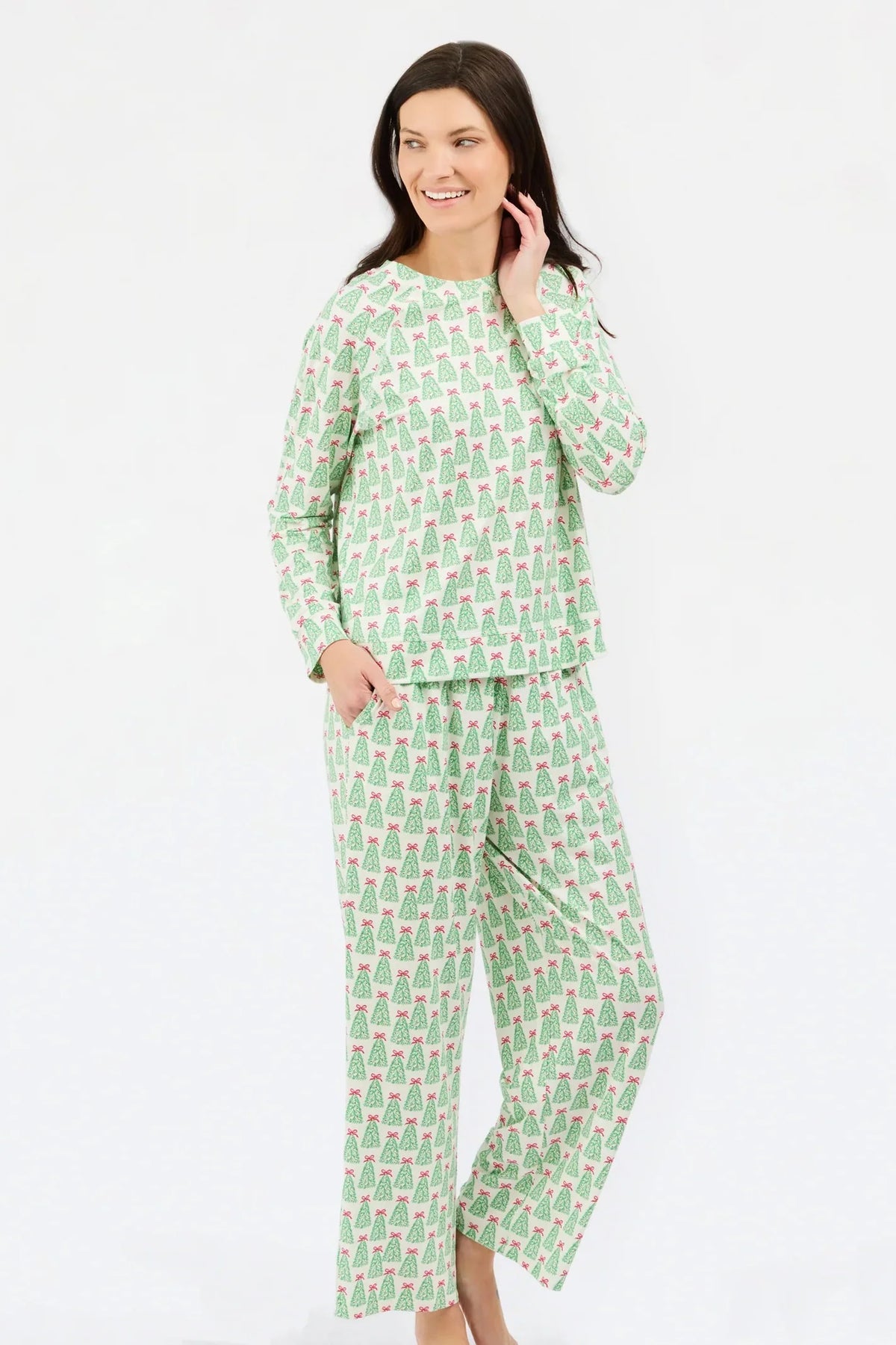 Mary Square Rosy Woodlands PJ Set in green Christmas tree print, long sleeve top and pants