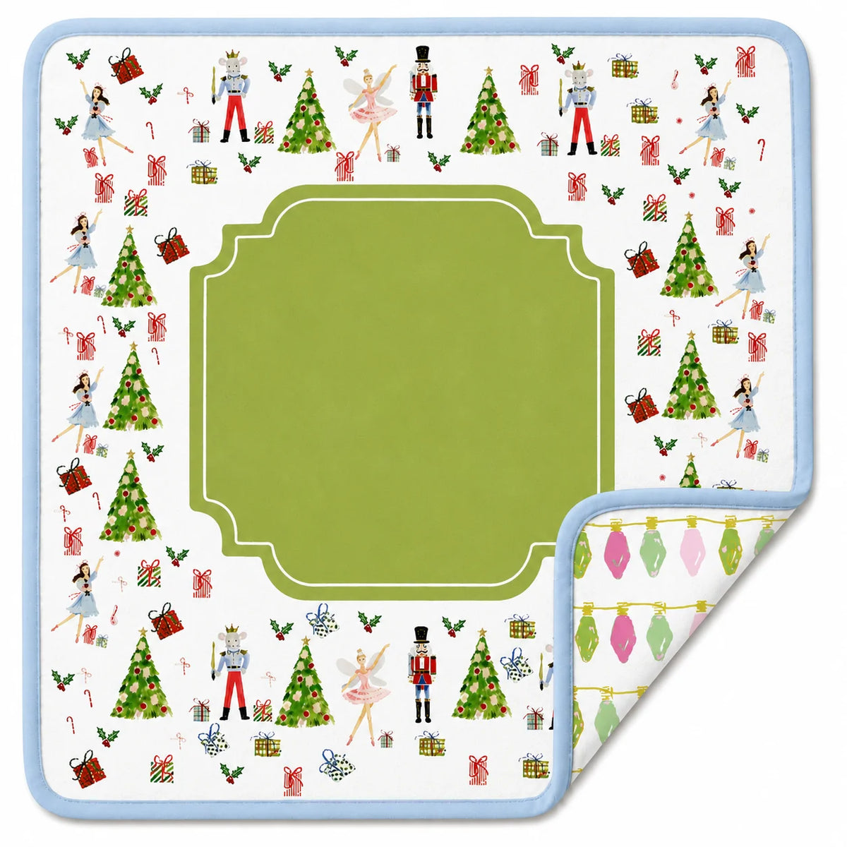 Keva Holiday Lights Mat with Nutcracker border, green monogram center, blue trim, festive reverse
