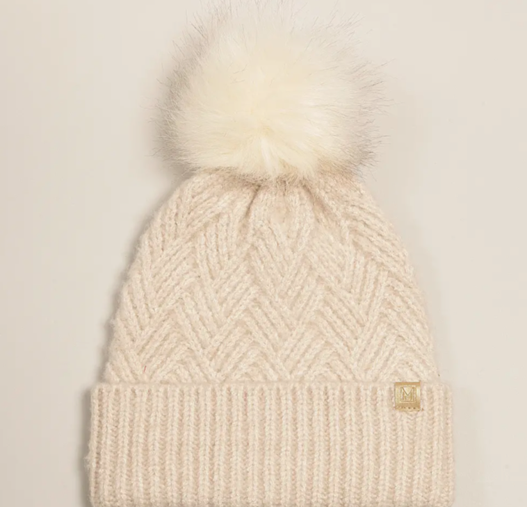 Chevron Knit Cuff Beanie with Faux Fur Pom