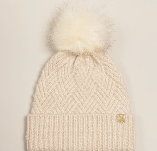 Chevron Knit Cuff Beanie with Faux Fur Pom