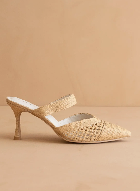The Tia | Natural Pointed Toe Raffia Detail Kitten Heel