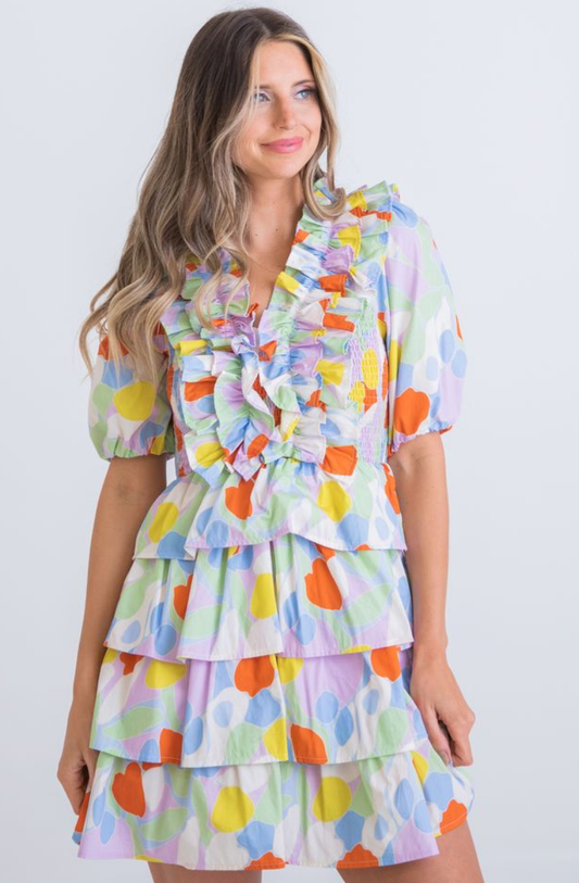 Mosaic Ruffle Vneck Smock Tier Dress