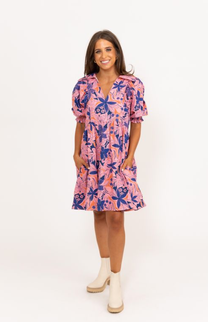 Floral Poplin Puff Slv Collar Dress