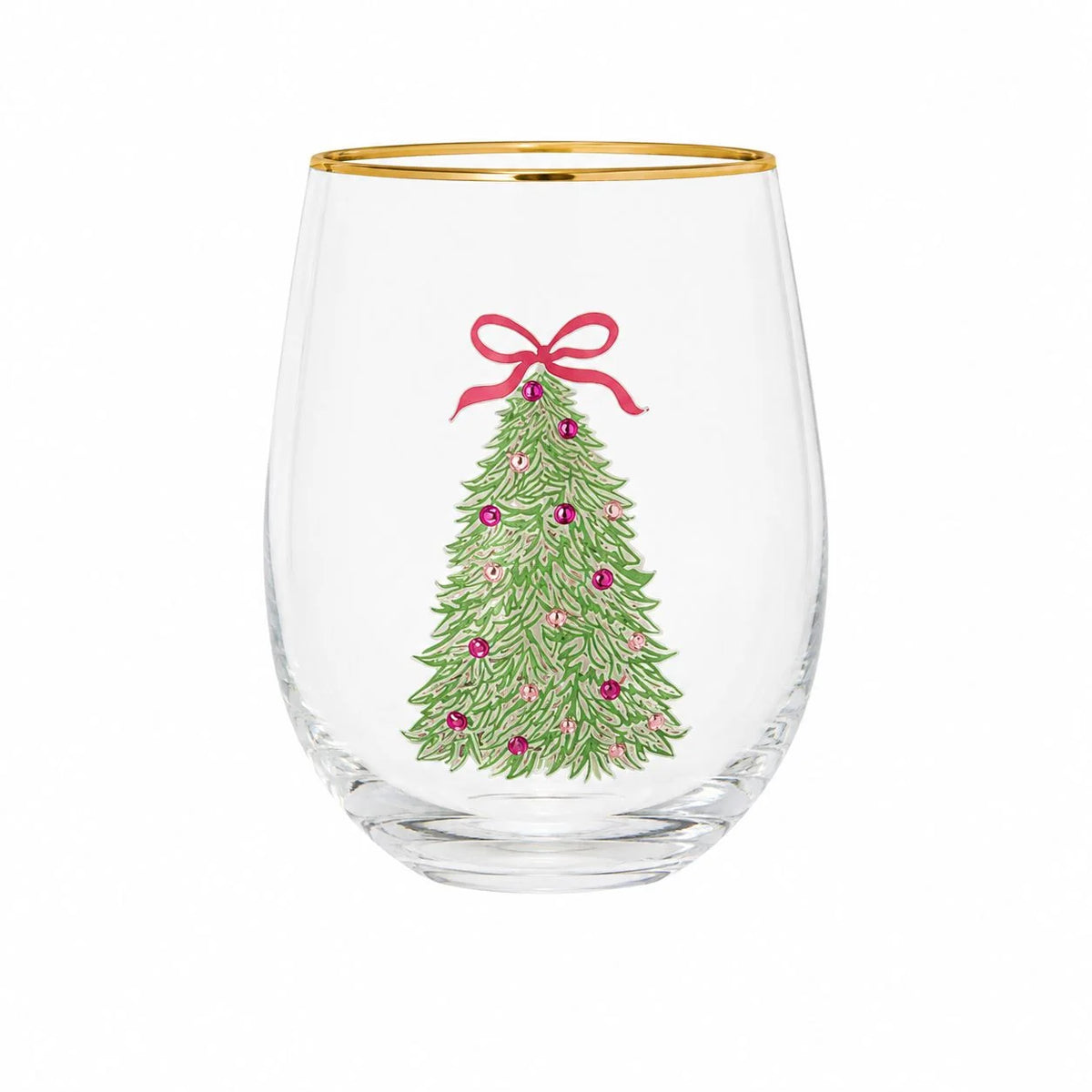Mary Square stemless wine glass with gold rim and painted green Christmas tree with pink bow and ornaments